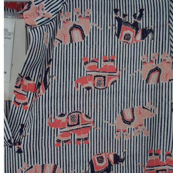 Pink Rose Striped Elephant Print 3/4 Sleeve Split Neck Blouse Womens S - Picture 2 of 6